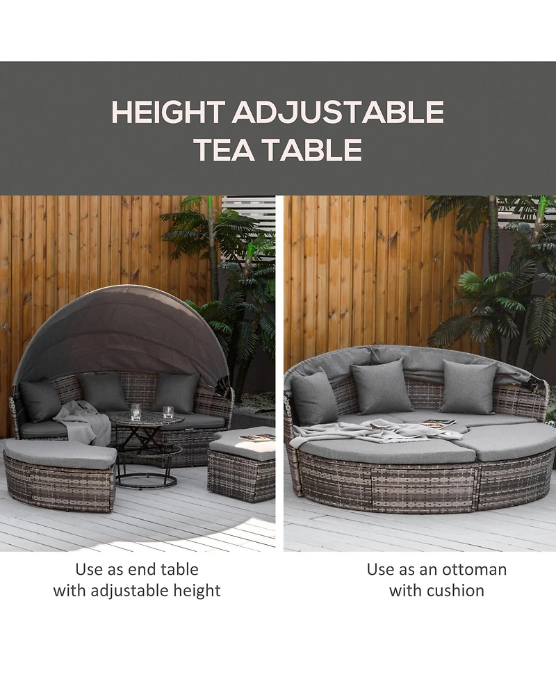 Outsunny 4pc Rattan Patio Furniture Set, Round Convertible Daybed or Sunbed, Adjustable Sun Canopy, Sectional Outdoor Sofa, 2 Chairs, Extending Tea Ta