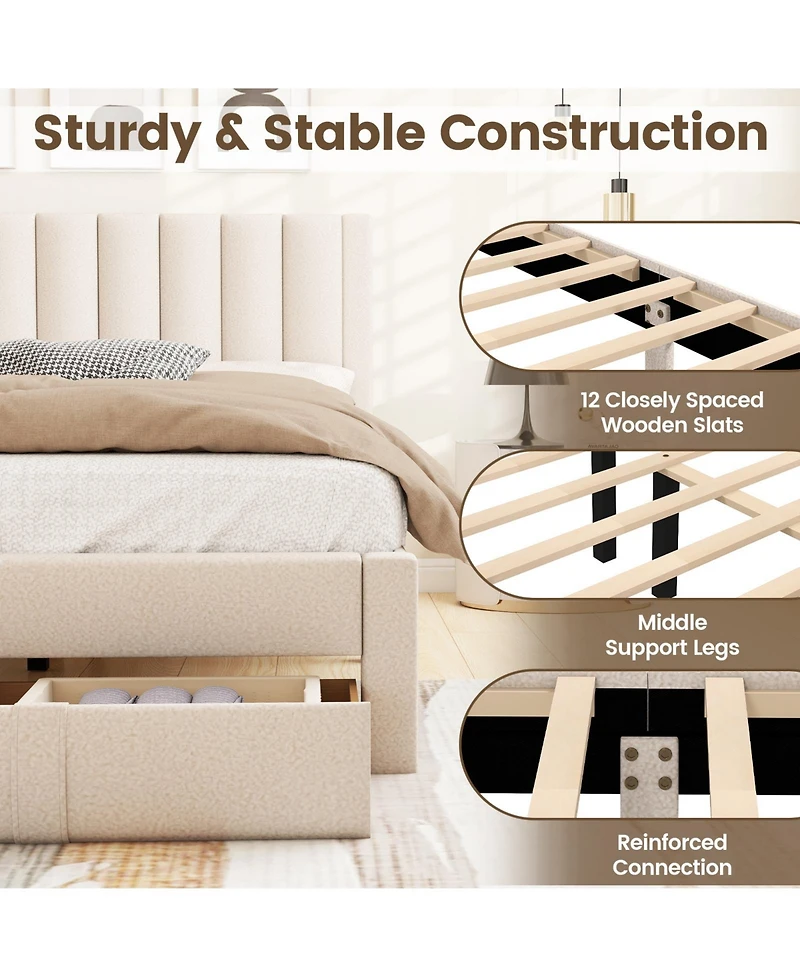 Slickblue Upholstered Bed Frame with Storage Drawer and Vertical Channel Tufted Headboard