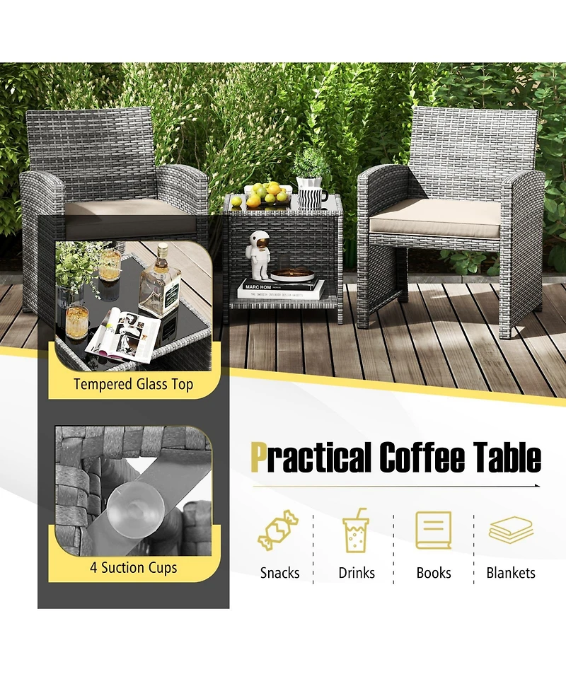 Sugift 3-Piece Patio Furniture Set with Tempered Glass Coffee Table and Soft Seat Cushions