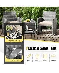 Sugift 3-Piece Patio Furniture Set with Tempered Glass Coffee Table and Soft Seat Cushions