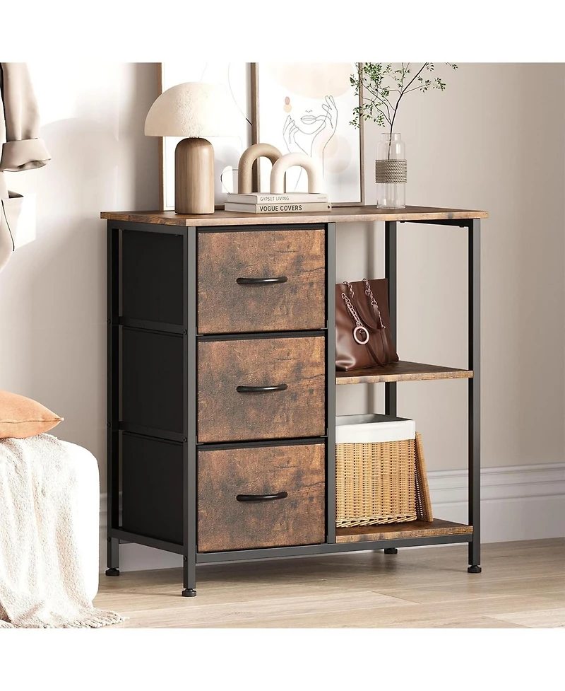gaomon 3-Drawer Filing Cabinet with Open Shelves and Rolling Printer Rack, Iron Pipe and Mdf Construction, Fabric Horizontal File Cabinet