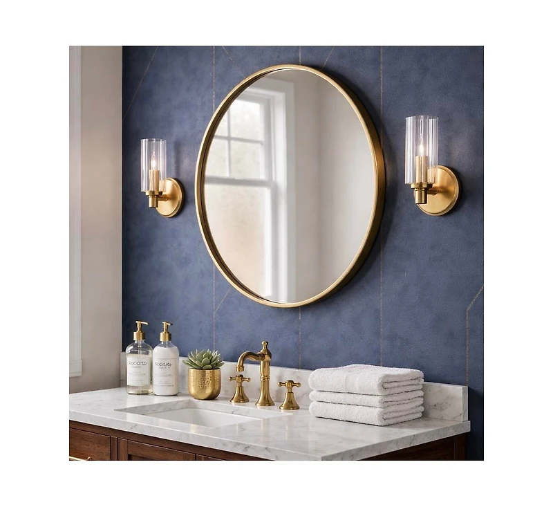 Busdays Single Light Wall Sconce Clear Ribbed Glass Satin Brass Modern Wall Light Fixture for Bathroom Bedroom Living Room