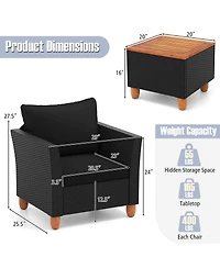 3PCS Outdoor Patio Rattan Furniture Set Wooden Table Cushioned Sofa