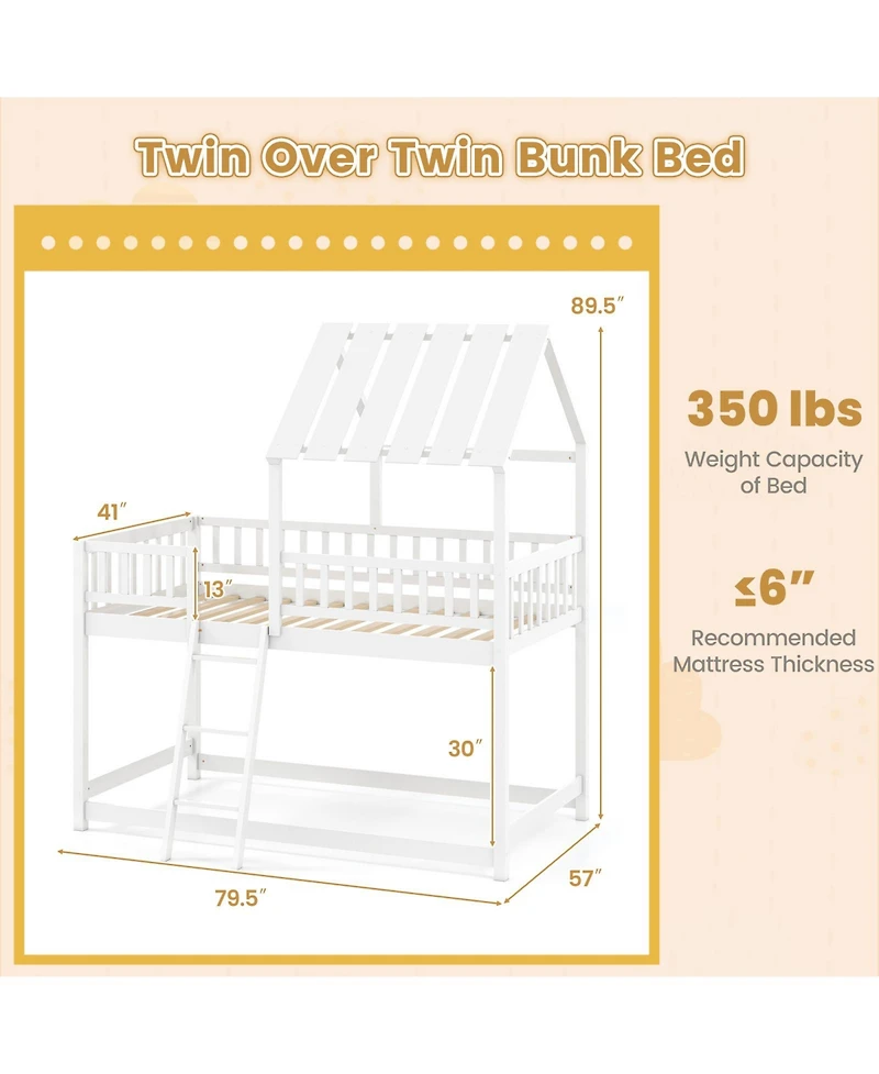 Slickblue House Style Twin Over Bunk Bed with Roof, Guardrails for Kids and Teens Room