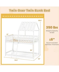 Slickblue House Style Twin Over Bunk Bed with Roof, Guardrails for Kids and Teens Room