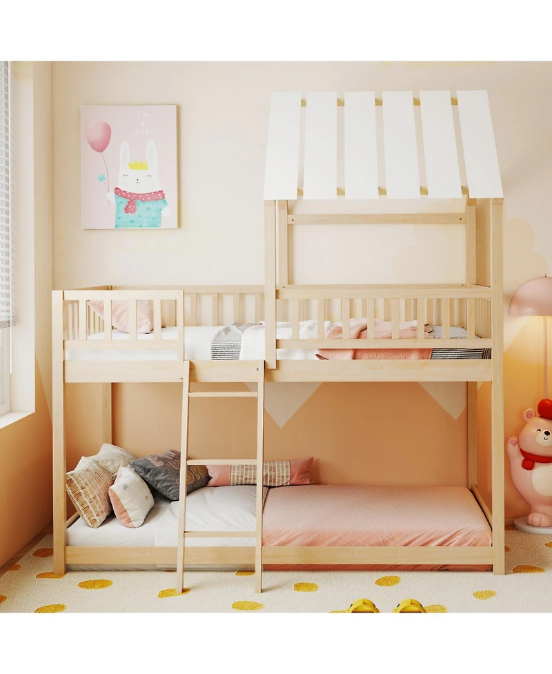 Slickblue House Style Twin Over Bunk Bed with Roof, Guardrails for Kids and Teens Room