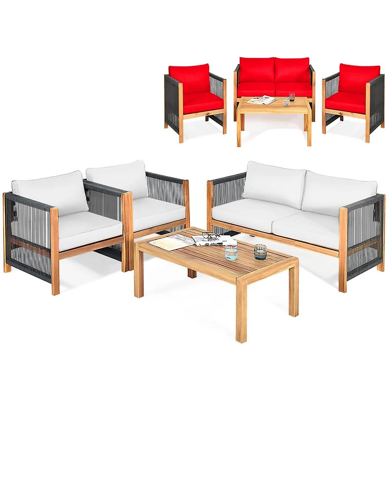 Costway 4 Pcs Wood Outdoor Patio Furniture Set with Cushions Cushion Cover Sets