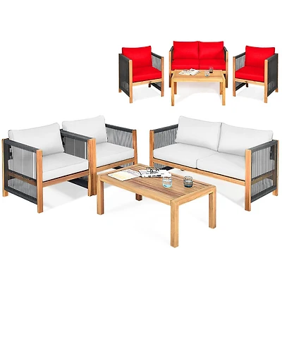 Costway 4 Pcs Wood Outdoor Patio Furniture Set with Cushions Cushion Cover Sets