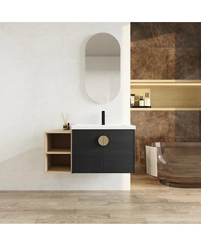 Sillysis Wall Mounted Bathroom Vanity with Ceramic Sink, Black Chestnut Plywood Cabinet