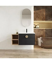 Sillysis Wall Mounted Bathroom Vanity With Ceramic Sink Black Chestnut Plywood Cabinet Ample Storage For Modern Bathrooms