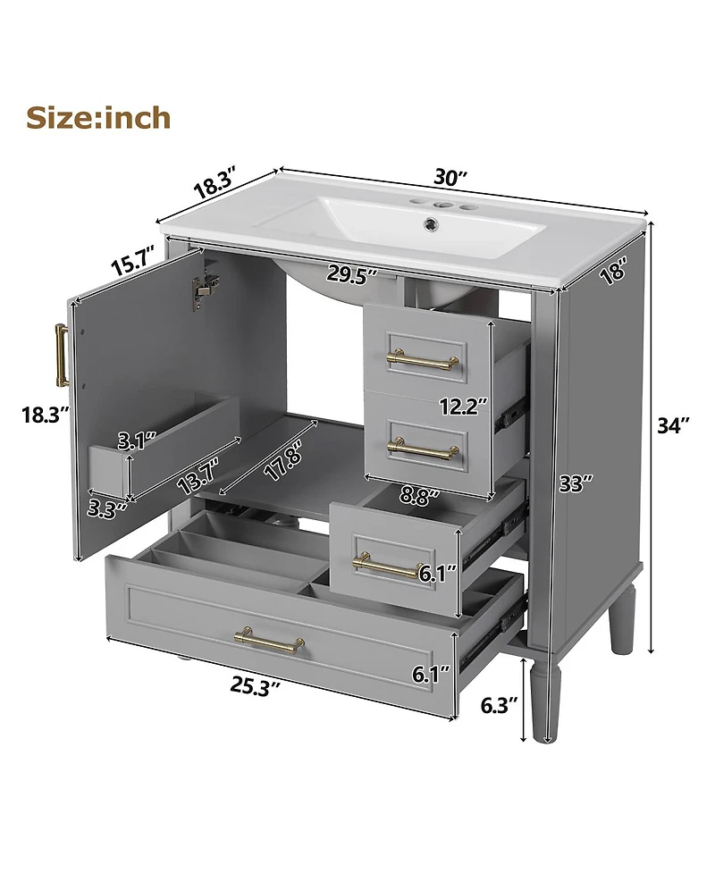 Sillysis Bathroom Vanity with Ceramic Sink, Solid Wood Frame, 3 Drawers and Soft Close Door, Modern Storage Cabinet