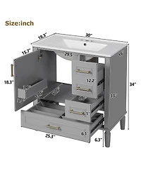 Sillysis Bathroom Vanity with Ceramic Sink, Solid Wood Frame, 3 Drawers and Soft Close Door, Modern Storage Cabinet