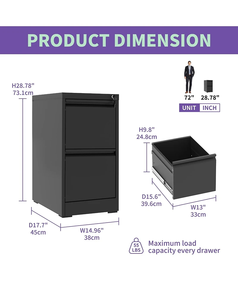 Rainsken Vertical Metal File Cabinet - 2 Drawer Office Storage Filing with Lock for A4 Legal/Letter