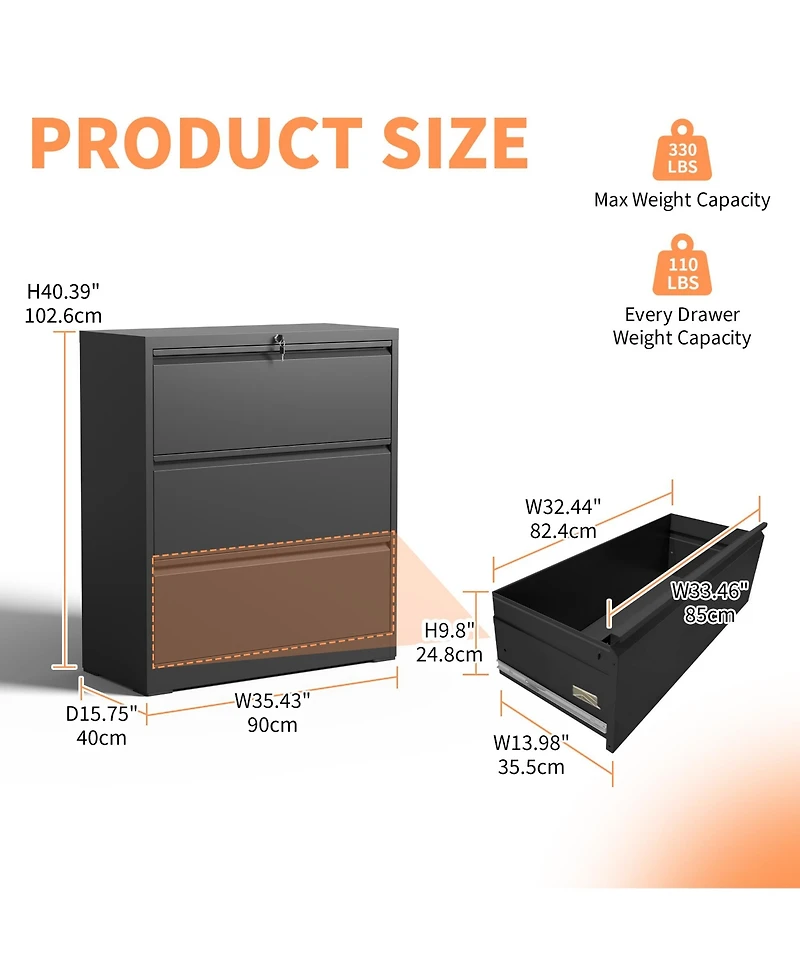 Rainsken 3 Drawer Lateral File Cabinet, Heavy-Duty Metal Filing Cabinet with Lock for Home Office, Fits Legal/Letter/A4/F4