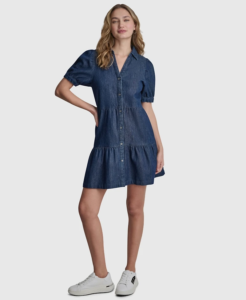 Dkny Jeans Women's Tiered Puff-Sleeve Collared Denim Cotton Mini Shirt Dress