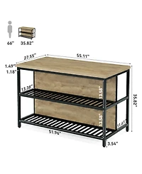 Tribesigns 55-Inch Kitchen Island Table with Storage, 3-Tier Stationary Center Island Table with Metal Base, Farmhouse Rustic Kitchen Island