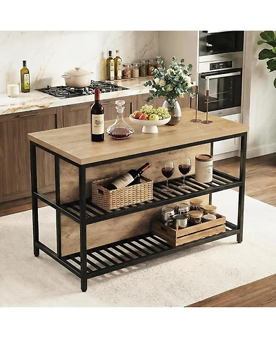 Tribesigns 55-Inch Kitchen Island Table with Storage, 3-Tier Stationary Center Island Table with Metal Base, Farmhouse Rustic Kitchen Island