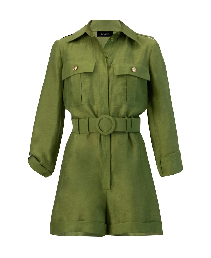 Ivonne Women's Belted Linen Romper with Cargo Patch Pockets