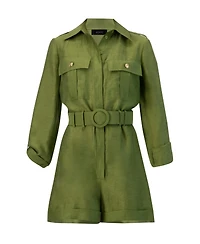 Ivonne Women's Belted Linen Romper with Cargo Patch Pockets