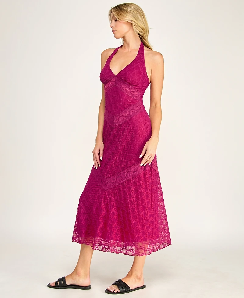 Row A Juniors' Lace Detail Halter Neck Midi Dress
