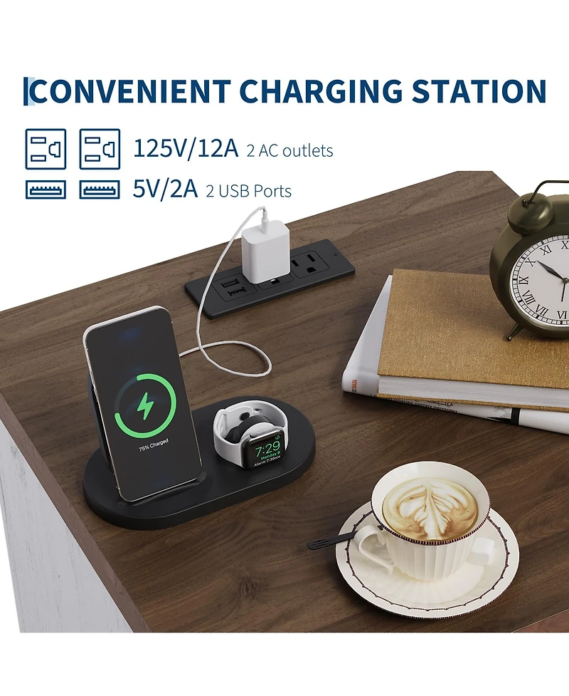 homfan Farmhouse Nightstand with Charging Station, Rustic Bedside Table 2 Drawers and Open Shelf, Usb Ports Ac Outlets for Bedroom