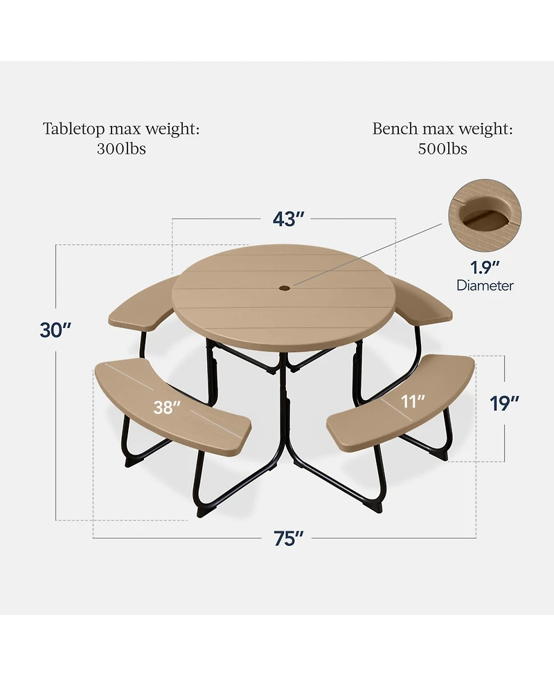 Best Choice Products 8-Person Circular Outdoor Picnic Table w/ 4 Benches, Umbrella Hole, 2000lb Capacity