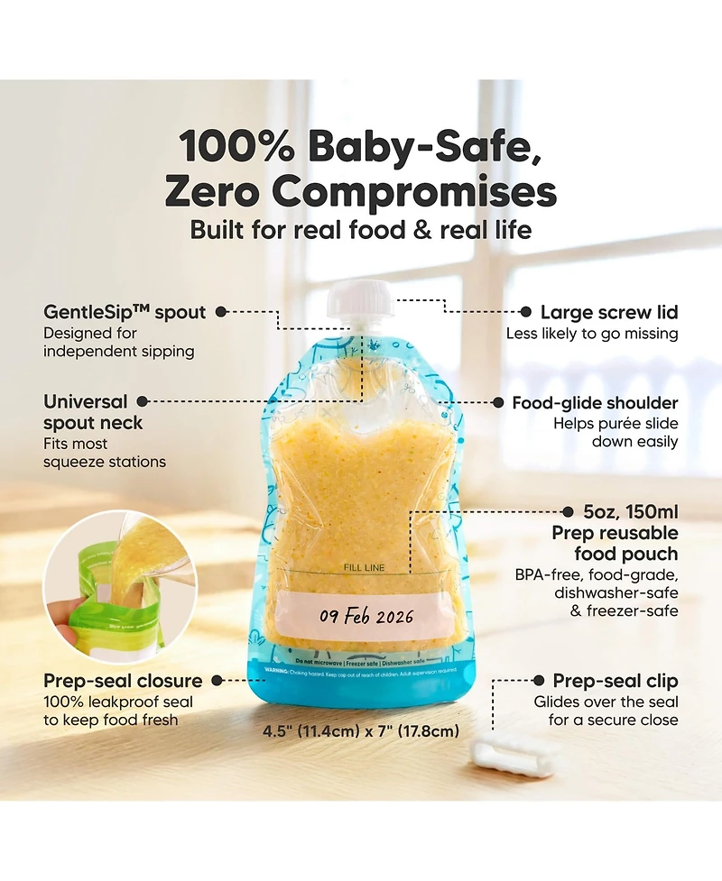 KeaBabies 12-Pack Prep Baby Food Pouch Reusable for Apple Sauce, Breastmilk, 5oz Puree Pouches Toddlers, Kids, First