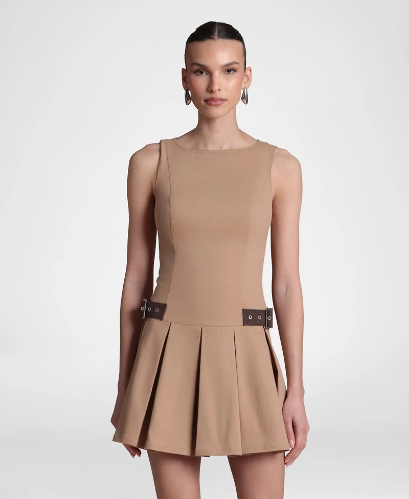 Avec Les Filles Women's Sretch Cotton Boat Neck Pleated Mini Dress
