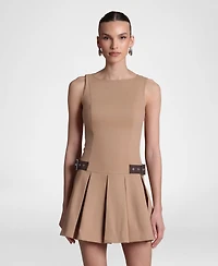 Avec Les Filles Women's Sretch Cotton Boat Neck Pleated Mini Dress