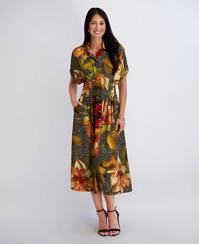 Kensie Women's Button-Front Collared Neck Midi Shirt Dress