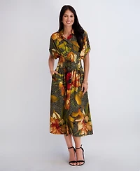 Kensie Women's Button-Front Collared Neck Midi Shirt Dress