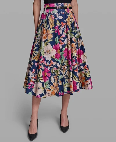 Karl Lagerfeld Paris Women's Printed Belted Midi Skirt