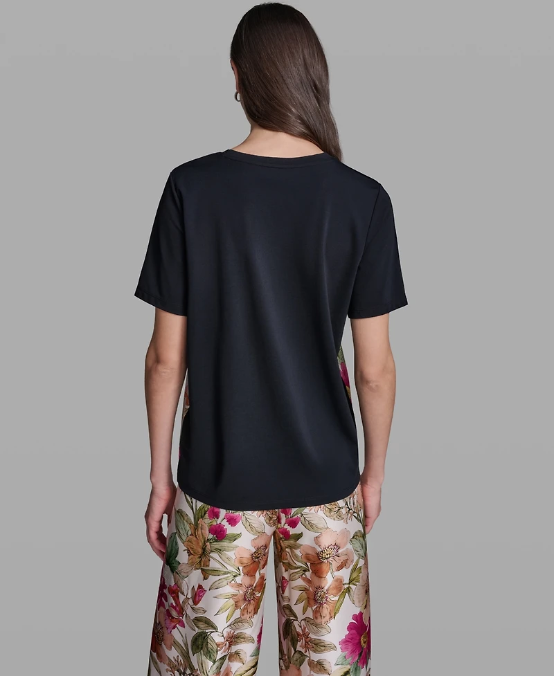 Karl Lagerfeld Paris Women's Short-Sleeve Mixed Media Print Knit Top