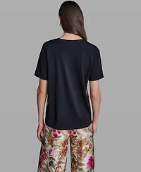 Karl Lagerfeld Paris Women's Short-Sleeve Mixed Media Print Knit Top