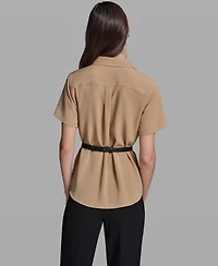 Karl Lagerfeld Paris Women's Short-Sleeve Belted Woven Top