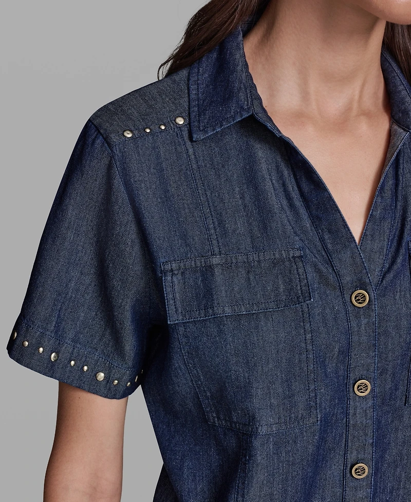 Karl Lagerfeld Paris Women's Short-Sleeve Nailhead Trim Camp Shirt