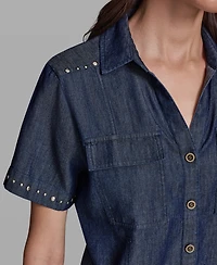 Karl Lagerfeld Paris Women's Short-Sleeve Nailhead Trim Camp Shirt