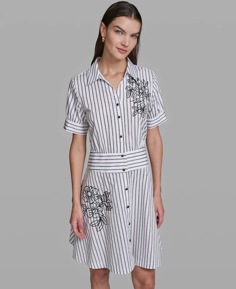 Karl Lagerfeld Paris Women's Poplin Short-Sleeve Collared Striped Cotton Dress