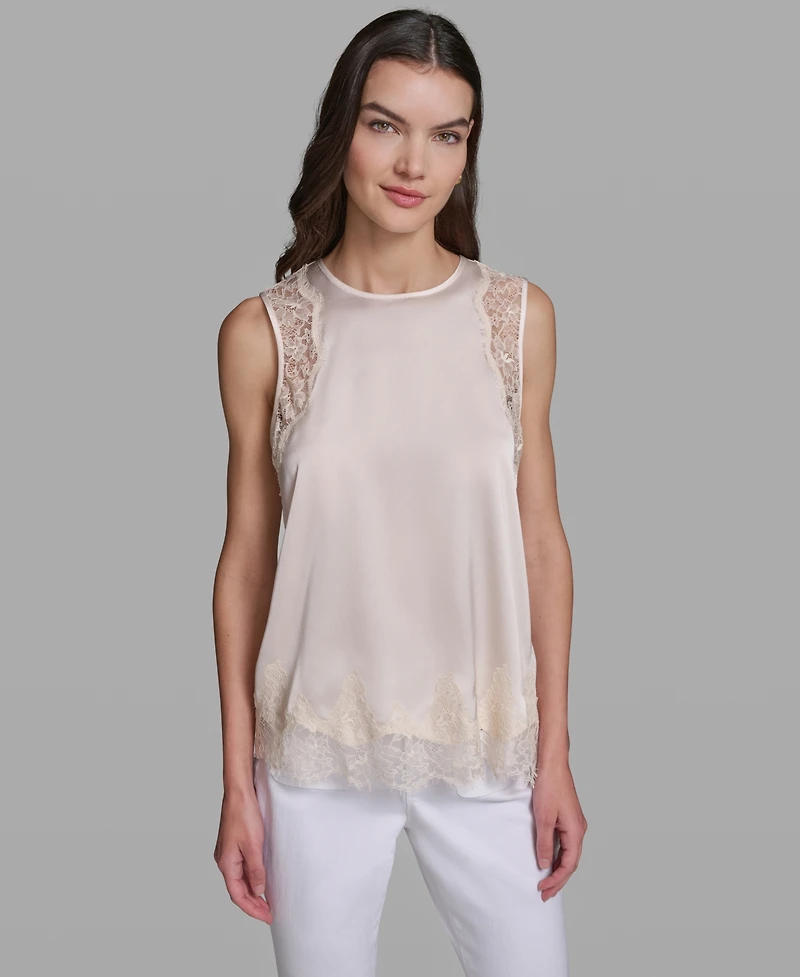 Karl Lagerfeld Paris Women's Sleeveless Lace Trim Cami Top
