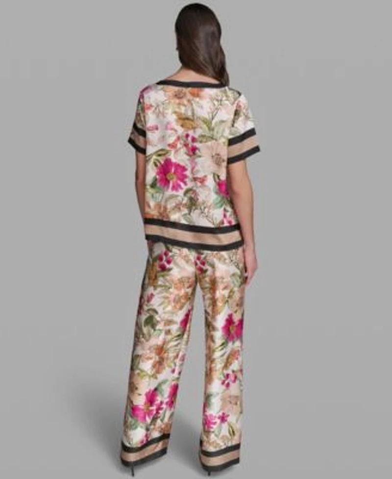 Karl Lagerfeld Paris Womens Short Sleeve Floral Printed Top Soft Floral Print Pull On Pants