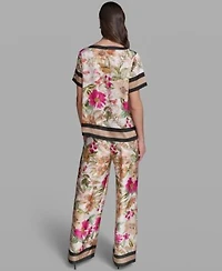 Karl Lagerfeld Paris Womens Short Sleeve Floral Printed Top Soft Floral Print Pull On Pants