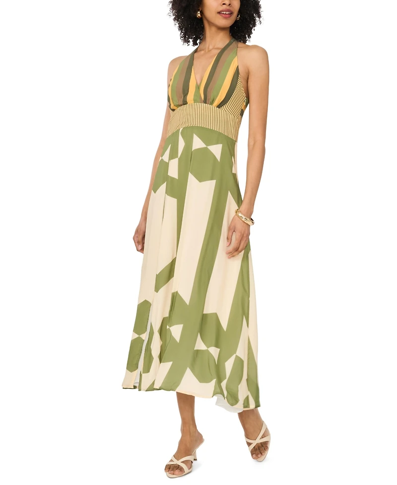 Vince Camuto Women's Mixed-Print V-Neck Maxi Halter Dress