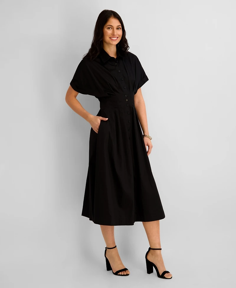 Kensie Women's Button-Front Cinched Waist Cotton Midi Shirt Dress
