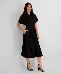 Kensie Women's Button-Front Cinched Waist Cotton Midi Shirt Dress