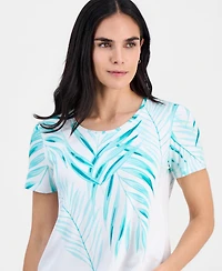 Jm Collection Petite Tropical Short-Sleeve Round-Neck Top, Macy's Exclusive