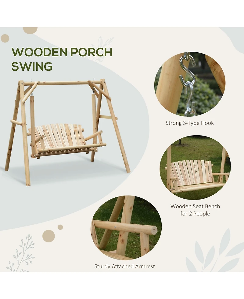 Outsunny 6.5' Outdoor Rustic Loveseat Solid Wood Natural Log Garden Swing Natural