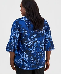 Kasper Plus Split-Neck Printed Flutter-Sleeve Top