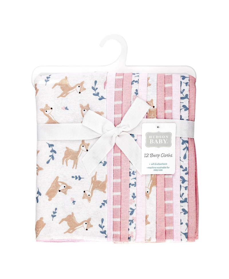 Hudson Baby Girl Cotton Poly Flannel Burp Cloths Bundle 12-Pack, Loves Me Deerly, One Size