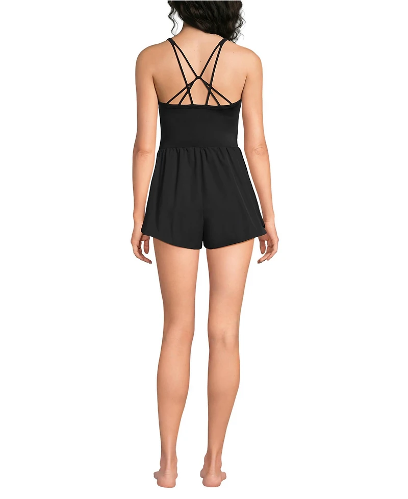 Lands' End Women's Tugless V-Neck Strappy X-Back Swim Romper