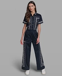 Karl Lagerfeld Paris Petite Floral Embroidered Short-Sleeve Shirt